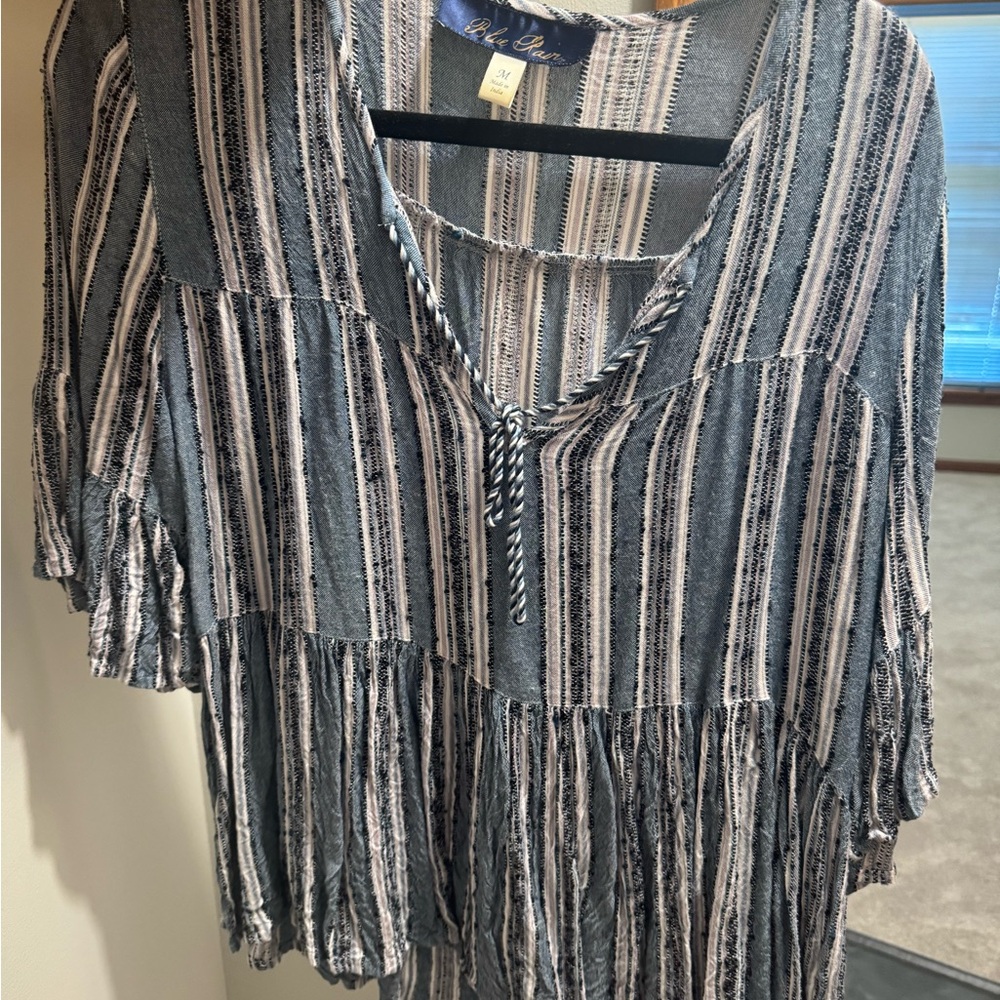 Blue Rain Striped Women's Top - Blue and White - Size Medium